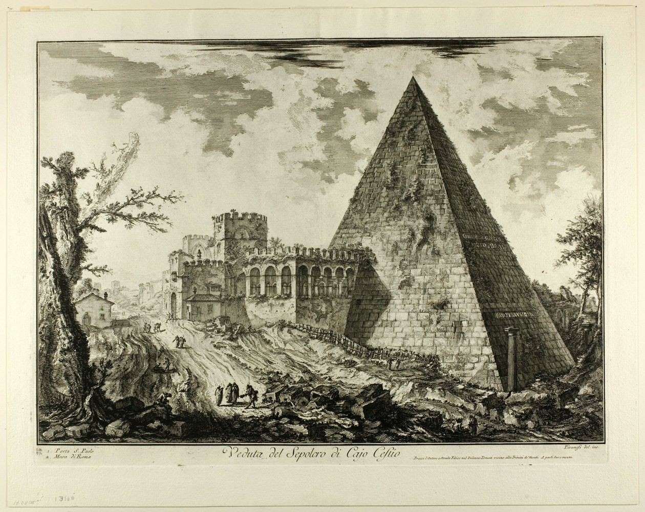 Widok na piramidalny grobowiec Cestiusza, z widoków Rzymu autorstwa Giovanni Battista Piranesi
