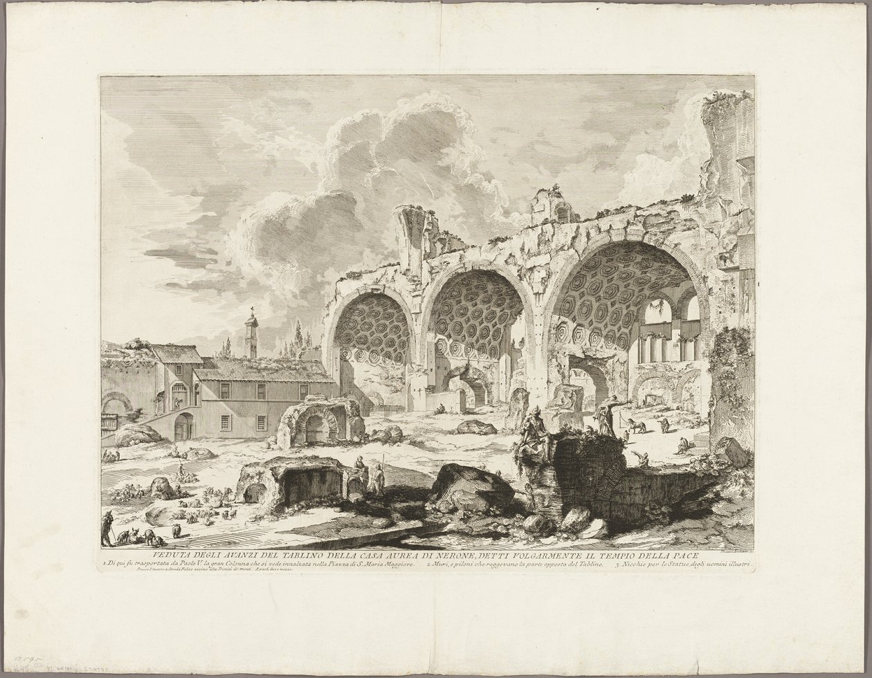 Widok szczątków jadalni Złotego Domu Nerona, potocznie zwanego Świątynią Pokoju, z Widoków Rzymu autorstwa Giovanni Battista Piranesi