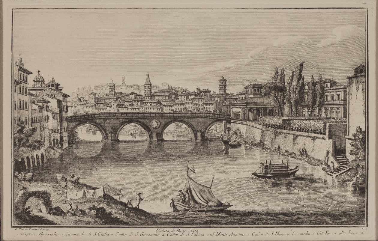 Widok mostu Sisto, ok. 1778-92 (akwaforta) autorstwa Giovanni Battista Piranesi