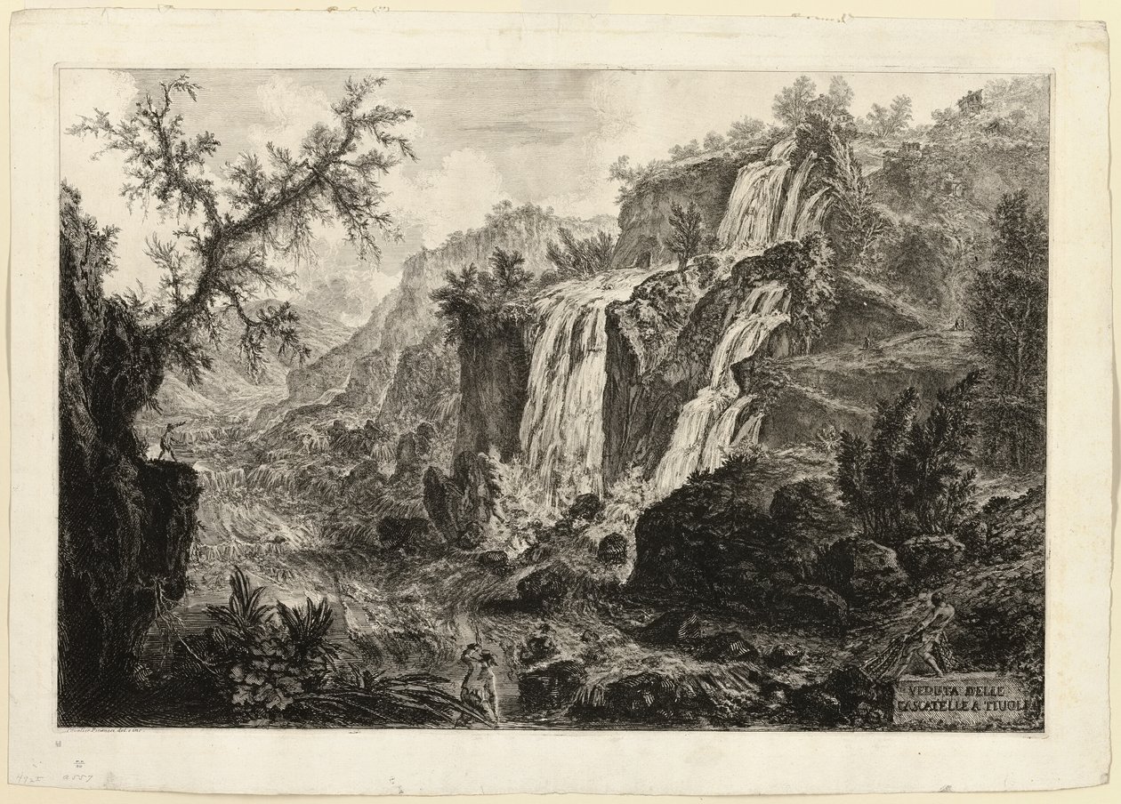 Widok na mały wodospad i bystrzy w Tivoli, z widoków na Rzym autorstwa Giovanni Battista Piranesi
