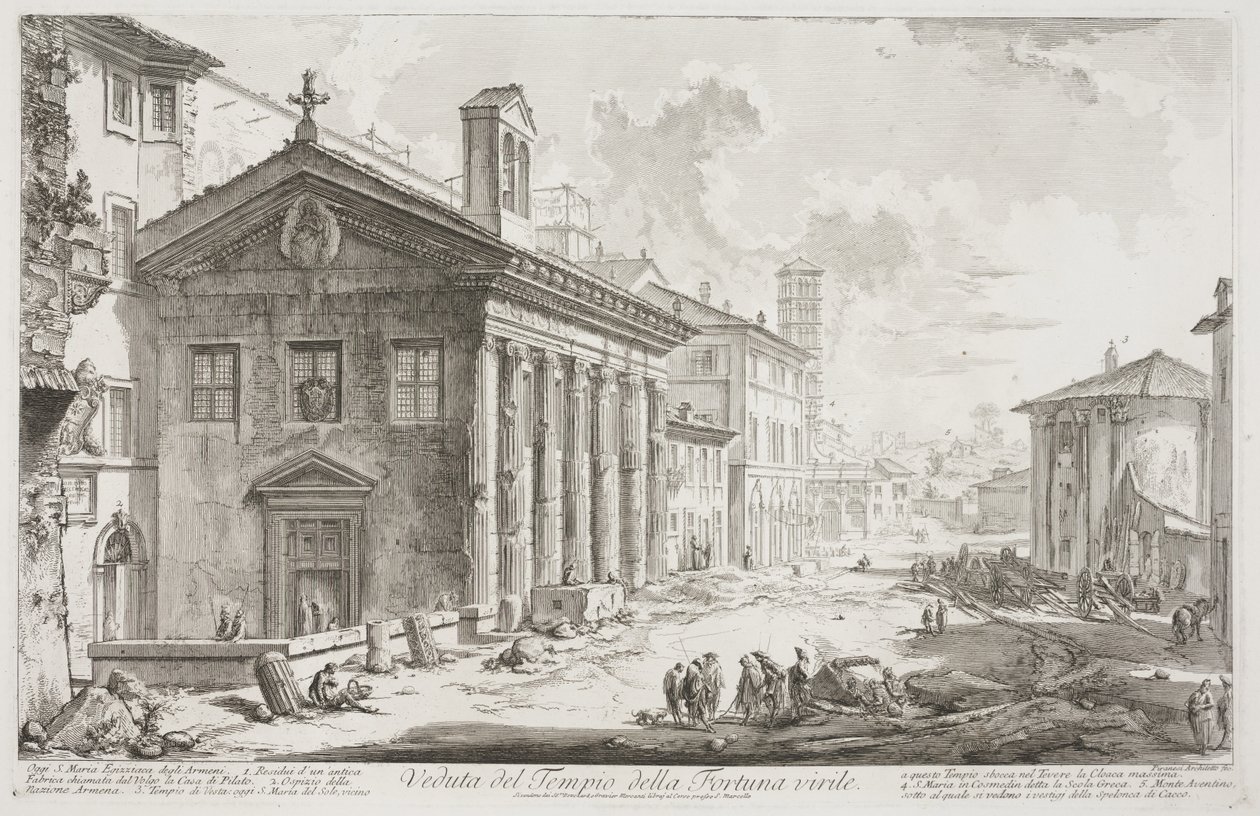 Widok świątyni Fortuna Virilis, obecnie kościoła ormiańskiego S. Maria Egiziaca, ok. 1760-78 (akwaforta) autorstwa Giovanni Battista Piranesi