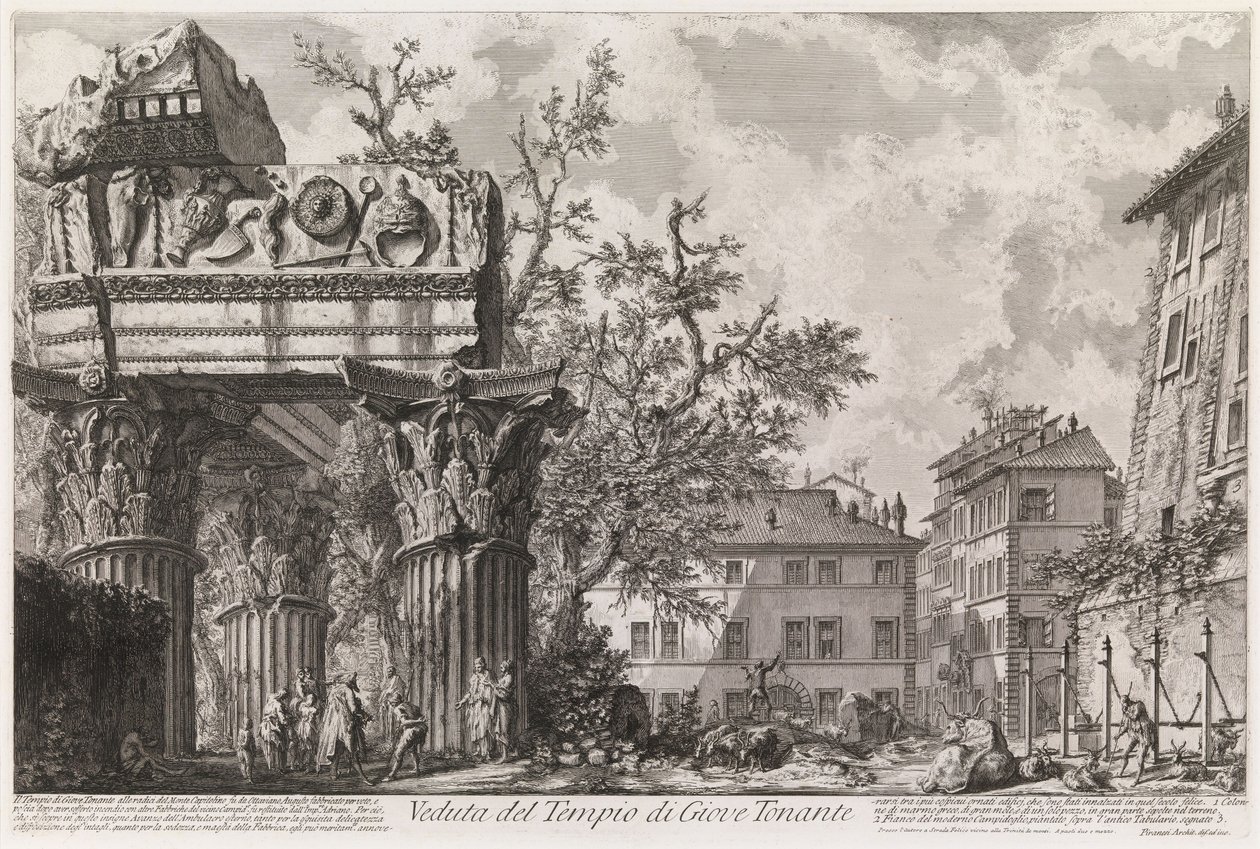 Widok świątyni Wespazjana i Tytusa, zwanej świątynią Jowisza Gromowładnego, z serii Vedute di Roma autorstwa Giovanni Battista Piranesi