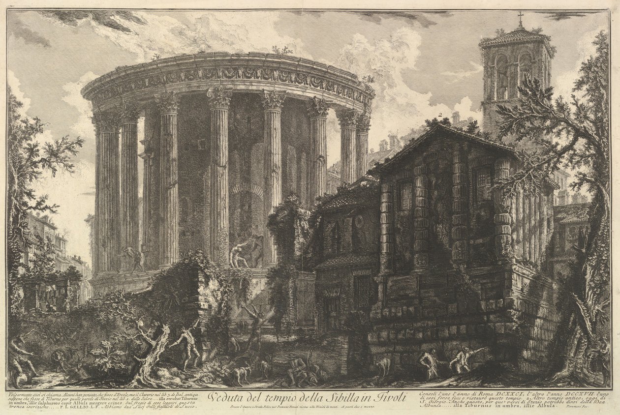 Widok na Świątynię Sybilli w Tivoli, z Vedute di Roma Roman Vi..., ca. 1761. autorstwa Giovanni Battista Piranesi