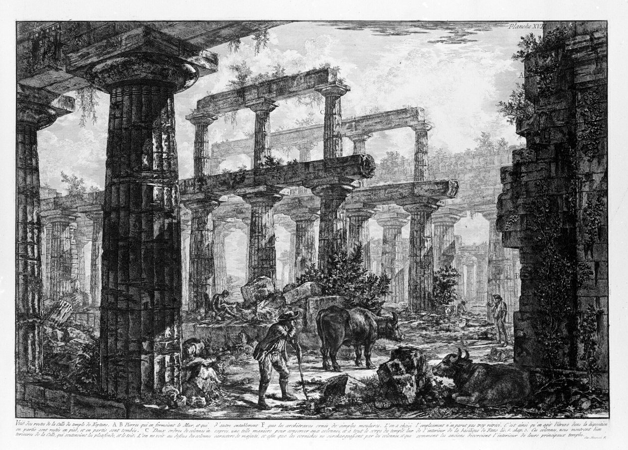 Widok na świątynie Paestum (litografia) autorstwa Giovanni Battista Piranesi