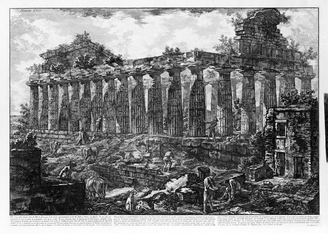 Widok na świątynie Paestum (litografia) autorstwa Giovanni Battista Piranesi