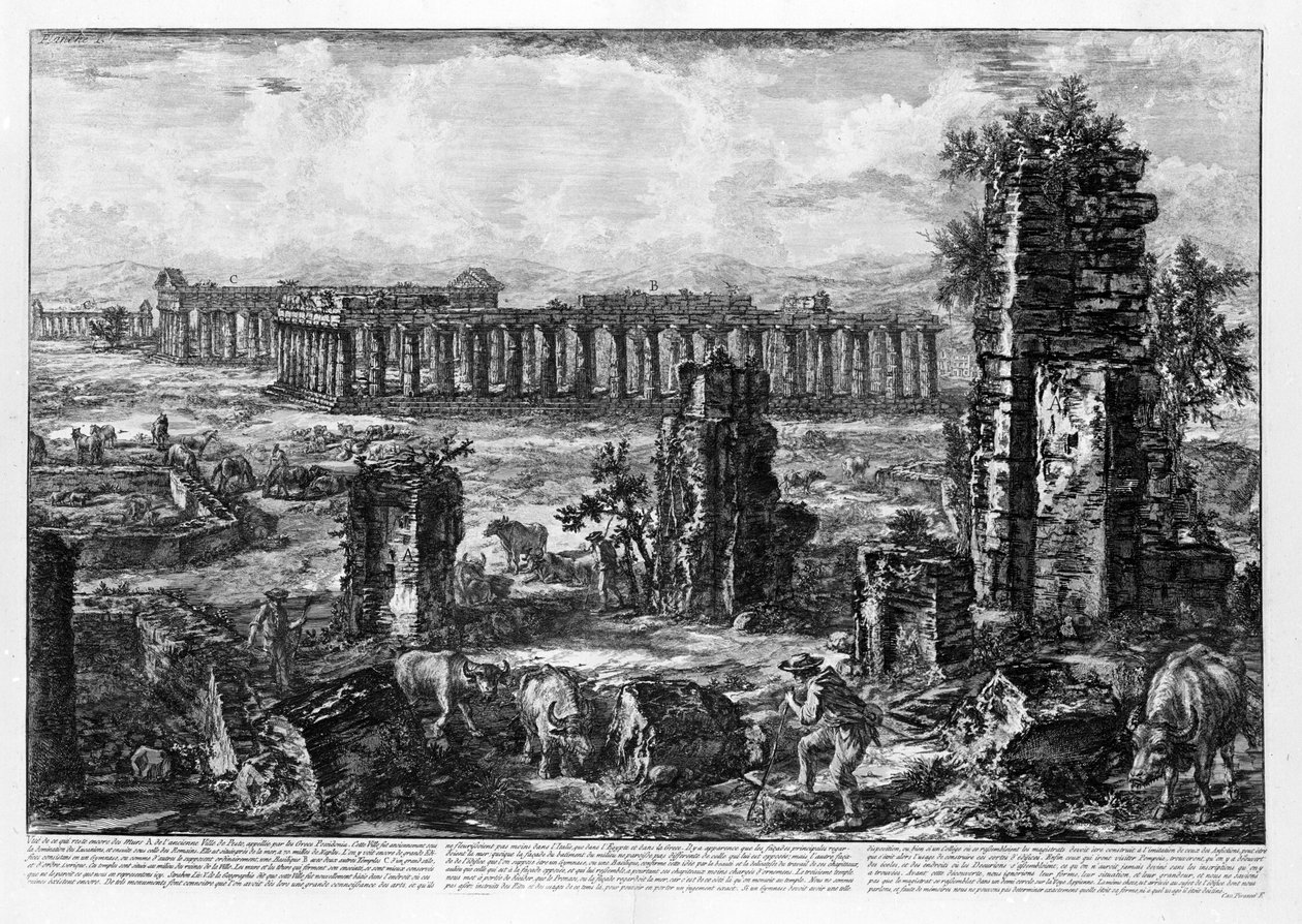 Widok na świątynie Paestum (litografia) autorstwa Giovanni Battista Piranesi