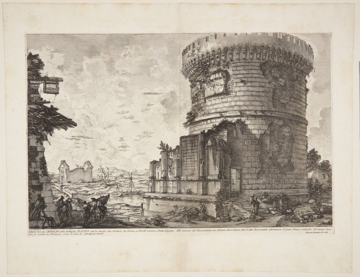Widok na Grobowiec Plautów na drodze prowadzącej z Rzymu do Tivoli w pobliżu Ponte Lugano autorstwa Giovanni Battista Piranesi
