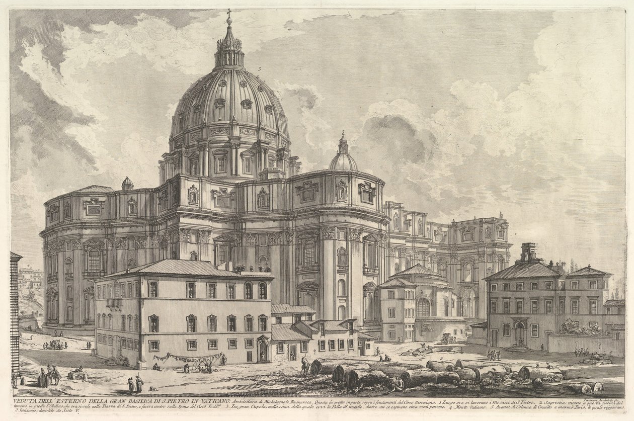 Widok z zewnątrz Bazyliki św. Piotra w Watykanie, z Vedute di Roma Roma..., ca. 1748. autorstwa Giovanni Battista Piranesi