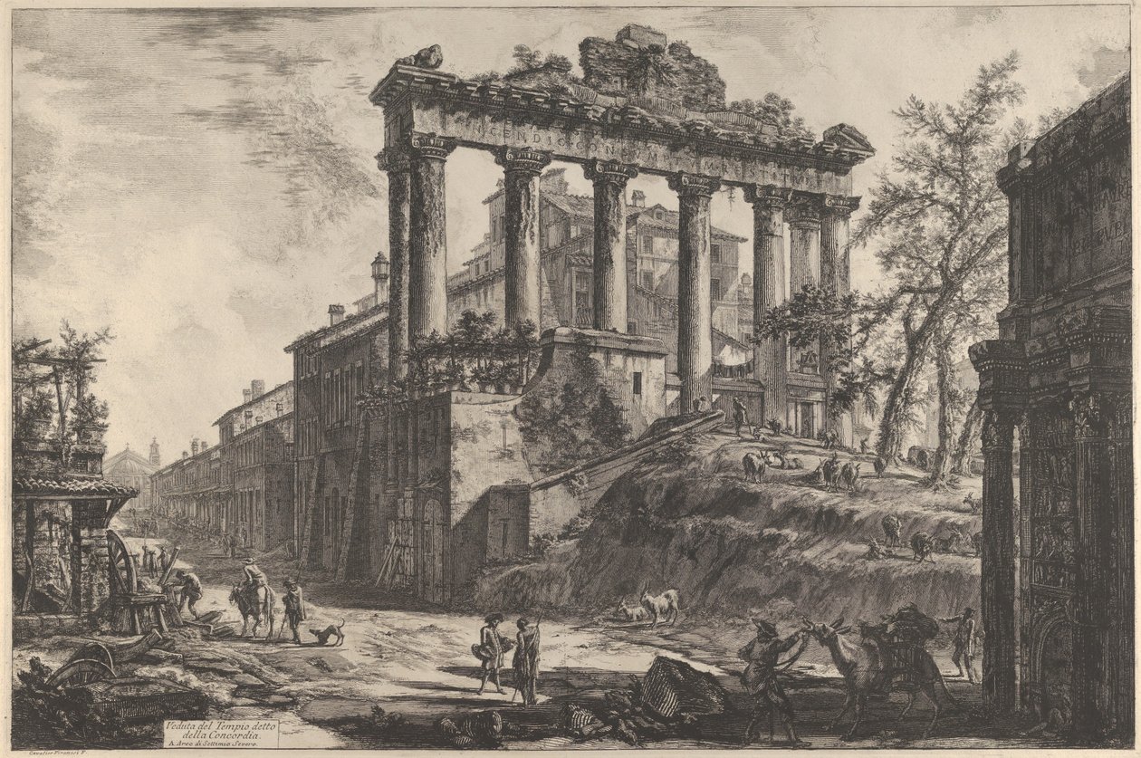 Widok na tzw. Świątynię Zgody ze Świątynią Saturna..., 1760-78. autorstwa Giovanni Battista Piranesi