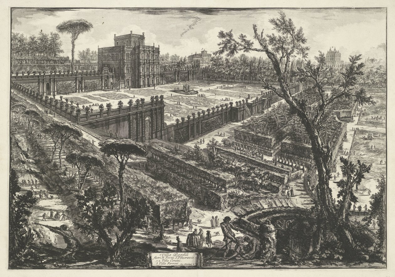 Villa Doria Pamphili w Rzymie Villa Panfili poza Porta S. Pancrazio (tytuł obiektu) Gezichten op Rome (tytuł serii) Widoki Rzymu zaprojektowane i wyryte przez architekta Giambattistę Piranesiego Ve (nez) iano (tytuł serii) autorstwa Giovanni Battista Piranesi