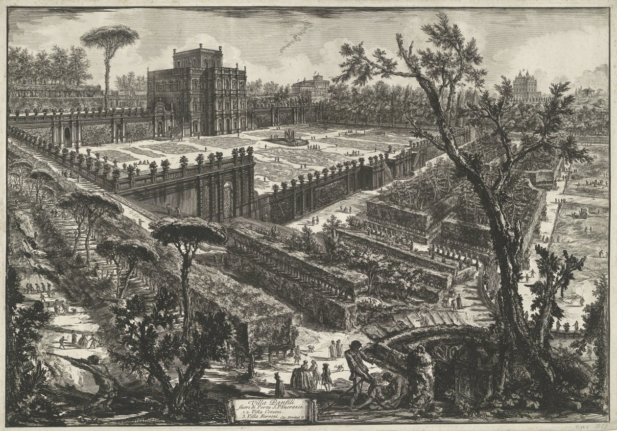 Villa Doria Pamphili w Rzymie Villa Panfili poza Porta S. Pancrazio (tytuł obiektu) Gezichten op Rome (tytuł serii) Widoki Rzymu zaprojektowane i wyryte przez architekta Giambattistę Piranesiego Ve (nez) iano (tytuł serii) autorstwa Giovanni Battista Piranesi
