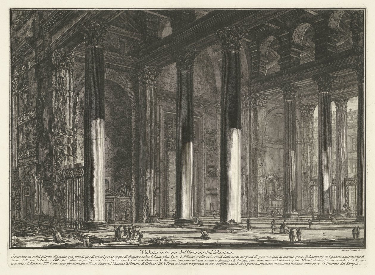 Voorportaal van het Pantheon te Rome Widok wnętrza Pronaosa Panteonu (tytuł na obiekcie) Gezichten op Rome (tytuł serii) Widoki Rzymu zaprojektowane i wyryte przez architekta Giambattistę Piranesiego Ve (nez) iano (tytuł serii) autorstwa Giovanni Battista Piranesi