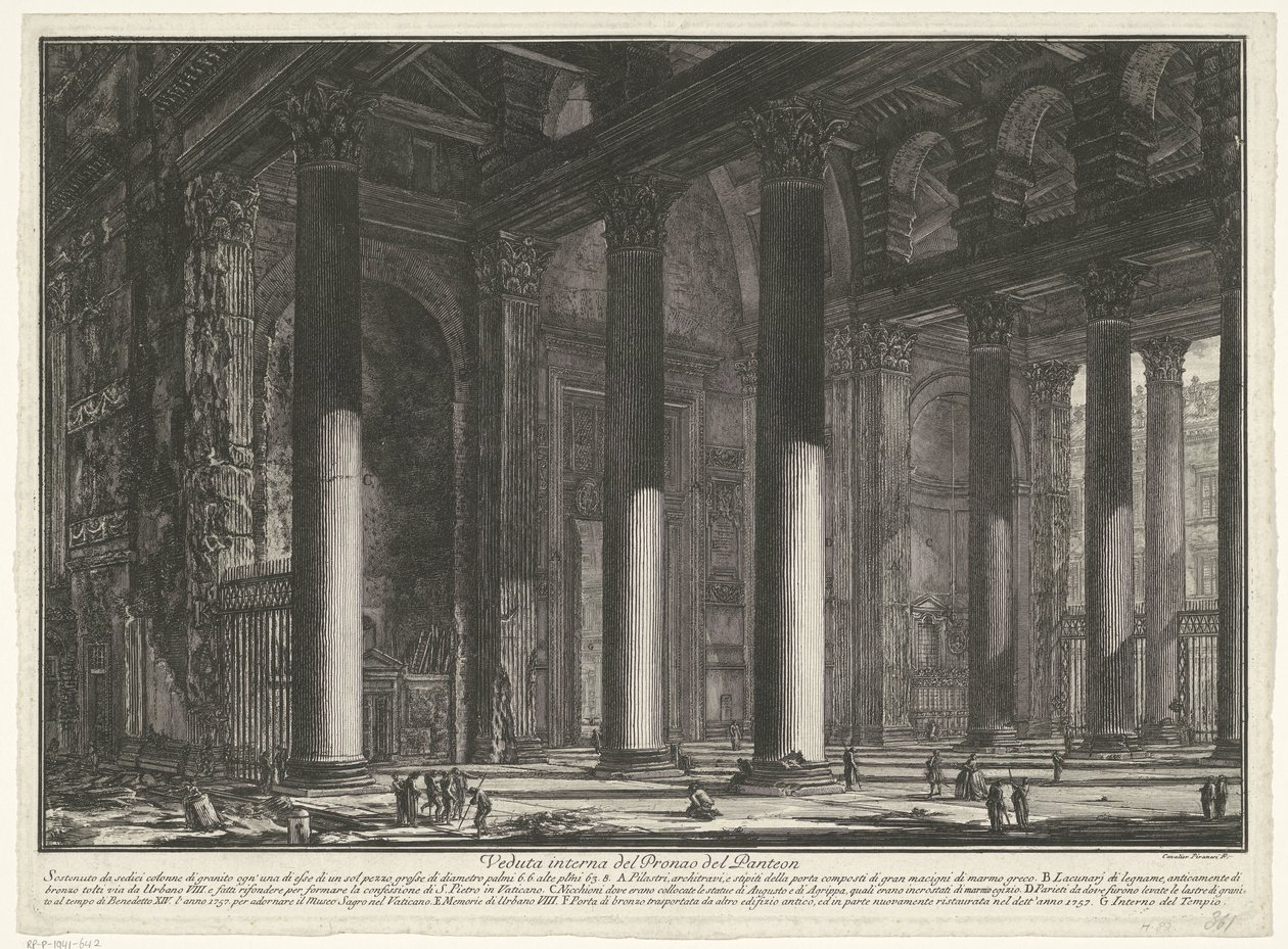Voorportaal van het Pantheon te Rome Widok wnętrza Pronaosa Panteonu (tytuł na obiekcie) Gezichten op Rome (tytuł serii) Widoki Rzymu zaprojektowane i wyryte przez architekta Giambattistę Piranesiego Ve (nez) iano (tytuł serii) autorstwa Giovanni Battista Piranesi