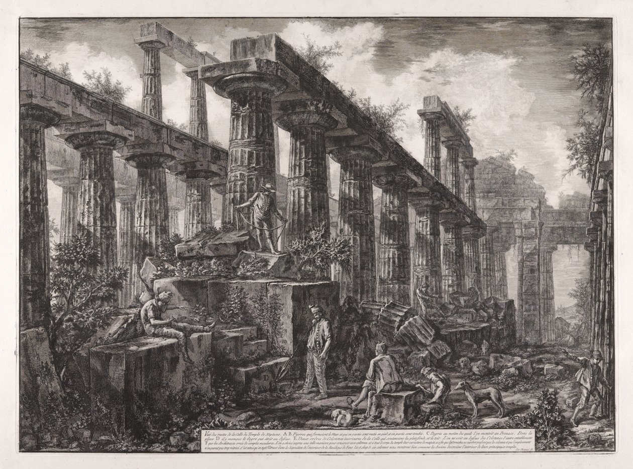 Widok pozostałości celli świątyni Neptuna, z Różnych widoków ... Pesto autorstwa Giovanni Battista Piranesi
