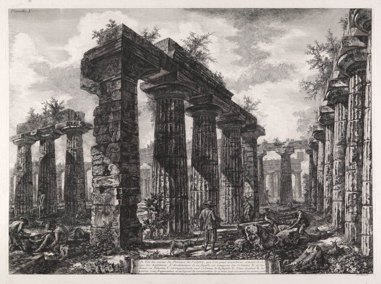 Widok pozostałości pronaosu budowli, którą można uznać za kolegium amfiktionów, z Różnych widoków Paestum autorstwa Giovanni Battista Piranesi