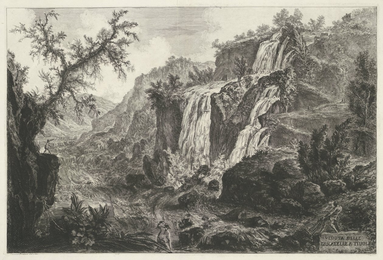 Watervallen w Tivoli Widok Cascatelle w Tivoli (tytuł na obiekcie) Gezichten op Rome (tytuł serii) Widoki Rzymu zaprojektowane i wyryte przez architekta Giambattistę Piranesiego Ve (nez) iano (tytuł serii) autorstwa Giovanni Battista Piranesi