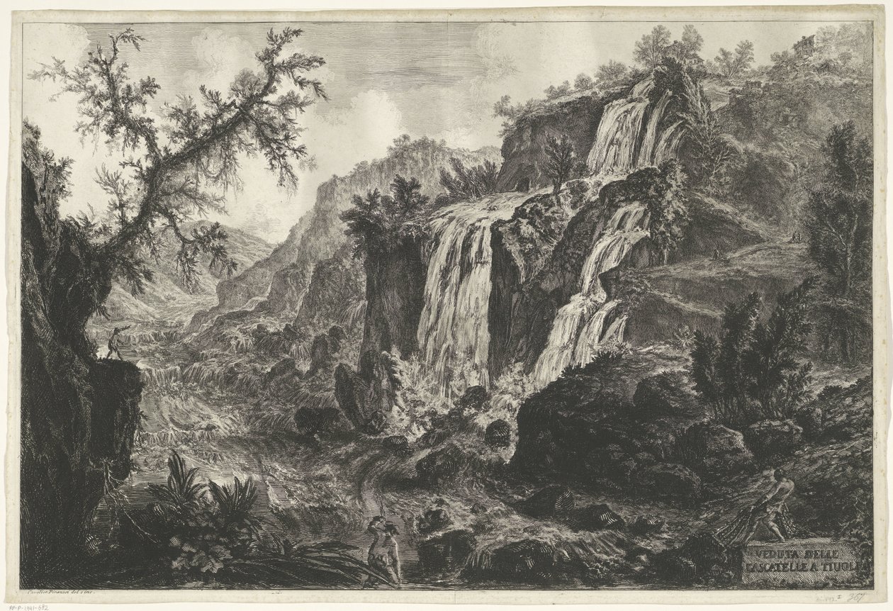 Watervallen w Tivoli Widok Cascatelle w Tivoli (tytuł na obiekcie) Gezichten op Rome (tytuł serii) Widoki Rzymu zaprojektowane i wyryte przez architekta Giambattistę Piranesiego Ve (nez) iano (tytuł serii) autorstwa Giovanni Battista Piranesi