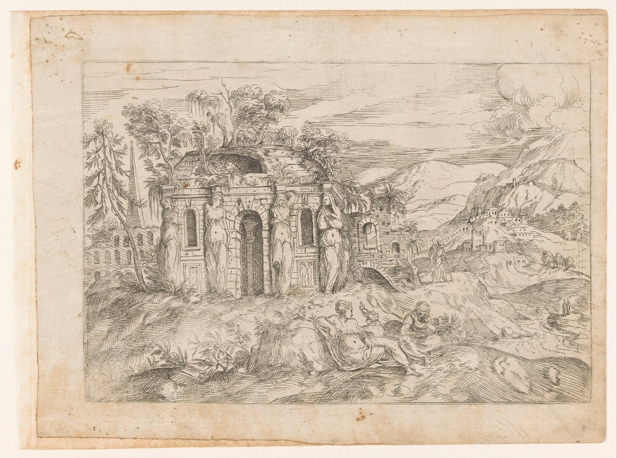 Krajobraz z zabytkową świątynią z kariatydami autorstwa Giovanni Battista Pittoni (I) (attributed to)