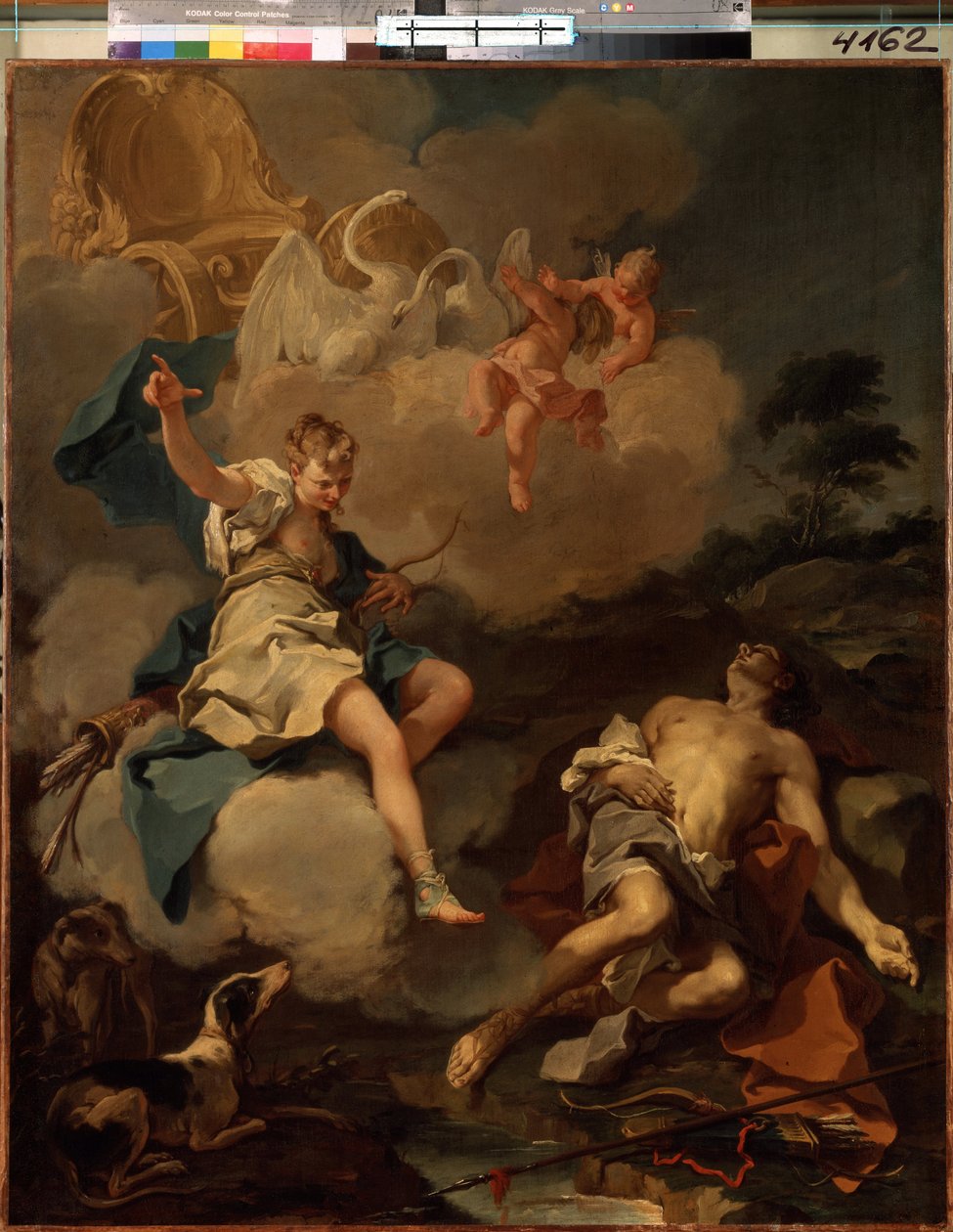 Diana i Endymion (Diana i Endymion). W mitologii greckiej Diana (Artemida) odwiedza Endymiona w nocy i zasypia, by móc kontemplować jej piękno. Obraz Giambattisty (Giovan Battista) (Giovanni Battista) Pitton autorstwa Giovanni Battista Pittoni