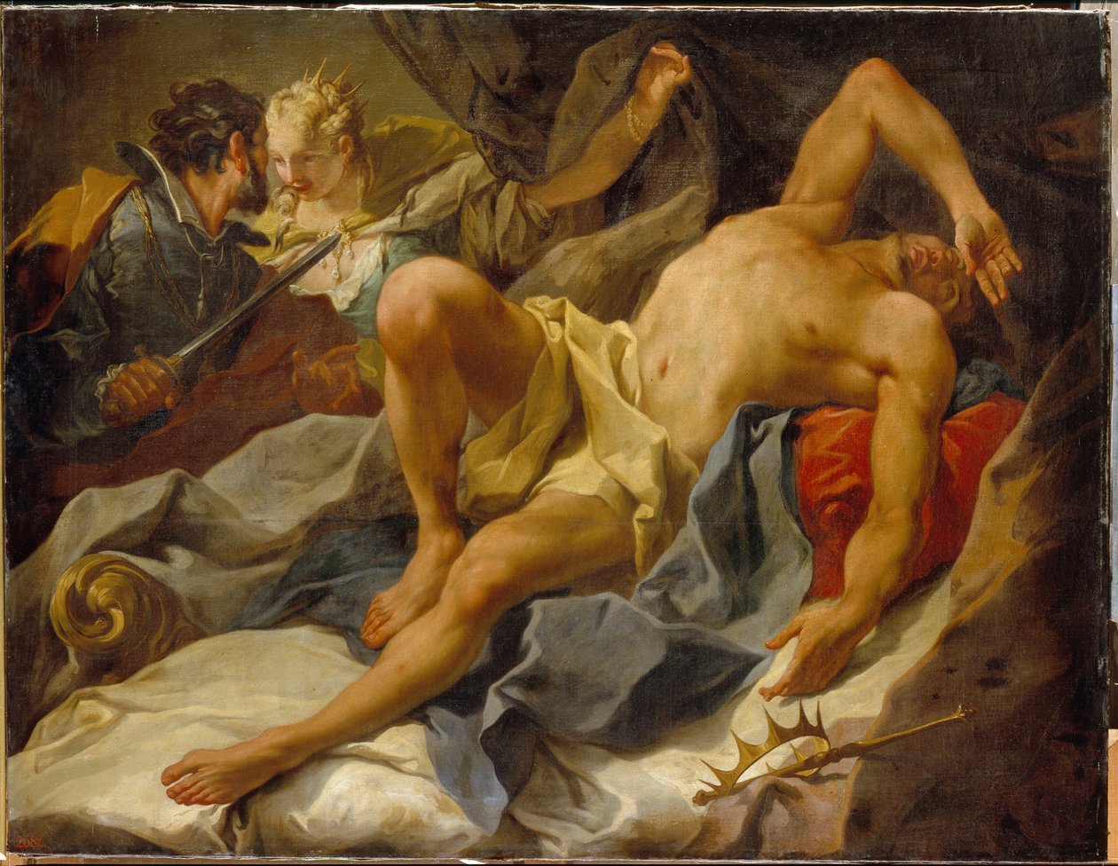 Śmierć króla Candaulesa (lub Sadyatte lub Myrsile, króla Lidii, VIII wiek p.n.e.). (Death Of King Candaules) - Zamordowany przez Gygesa, jego powiernika i rywala, który dźga go nożem i poślubia swoją żonę Królową Tudo - Obraz Giambattisty (Giovan Battista) autorstwa Giovanni Battista Pittoni