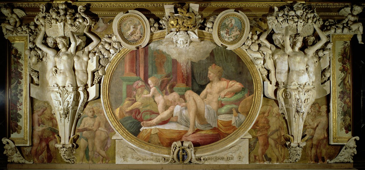 Danae, fragment schematu zdobniczego w Galerii Franciszka I, fresk z lat 1530-40 autorstwa Giovanni Battista Rosso Fiorentino