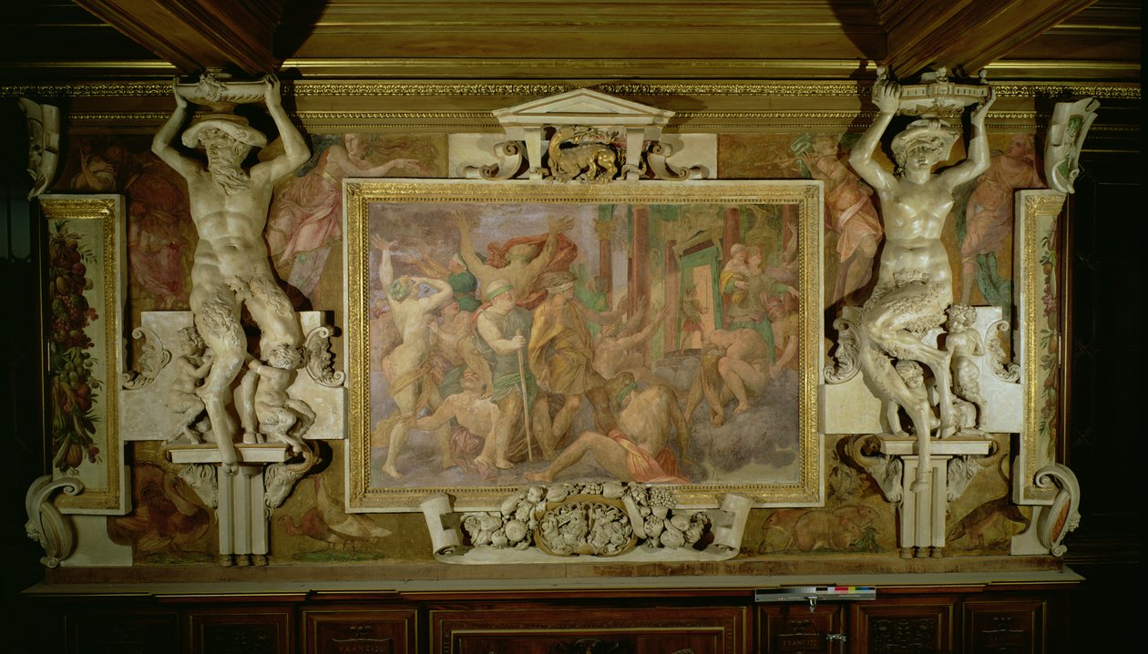 Polowanie na niewiedzę, detal schematu zdobniczego w Galerii Franciszka I, 1530-40 fresk i sztukaterie autorstwa Giovanni Battista Rosso Fiorentino