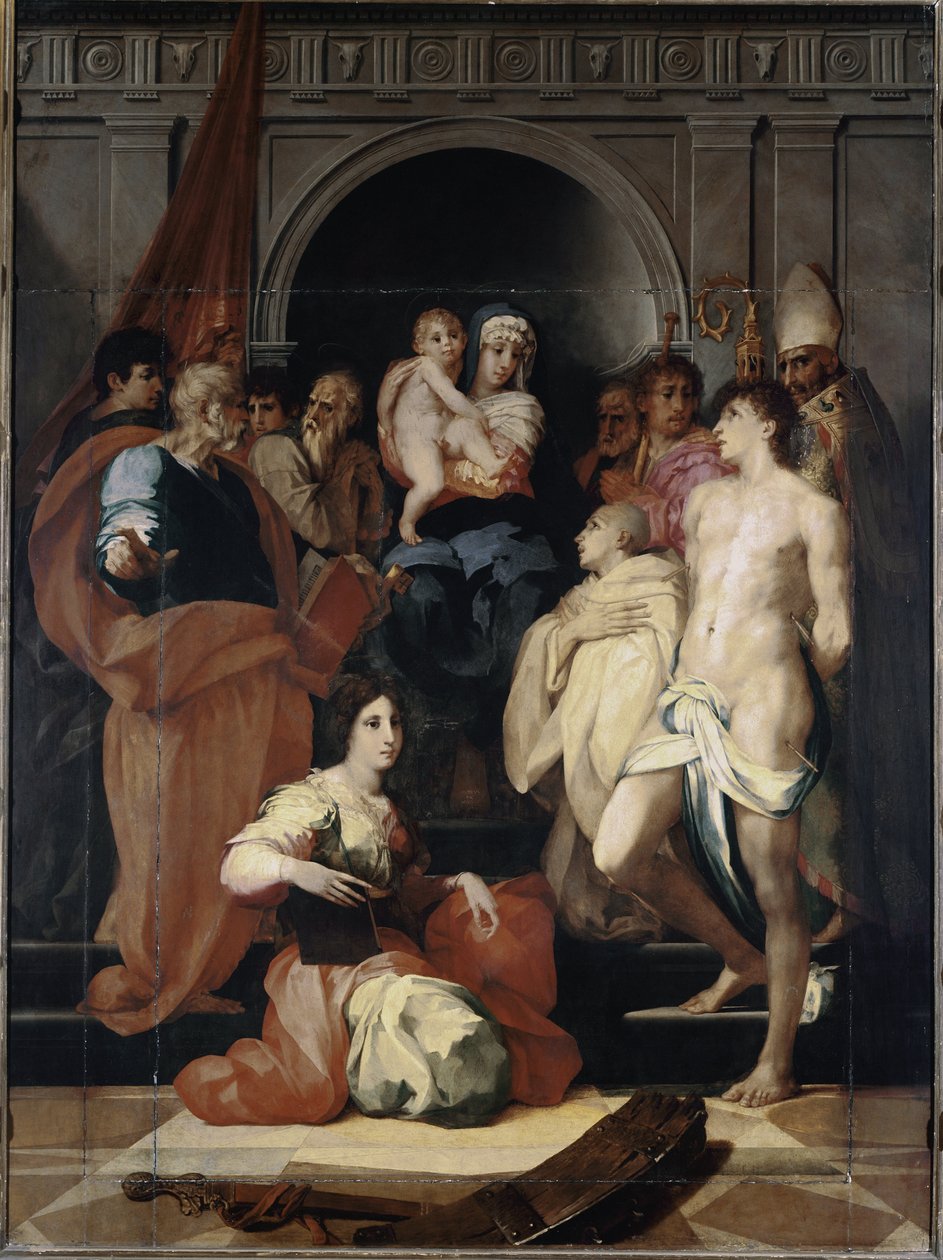 Madonna na tronie ma dziecko i świętych (olej na płótnie) autorstwa Giovanni Battista Rosso Fiorentino