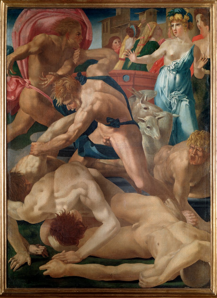Mojżesz broni córek Jetro - olej na płótnie autorstwa Giovanni Battista Rosso Fiorentino