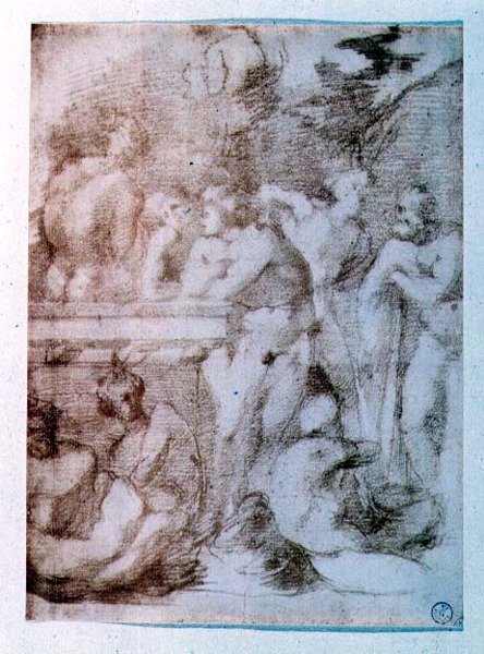 Studium nagich mężczyzn podczas rozmowy (czerwona kreda) autorstwa Giovanni Battista Rosso Fiorentino
