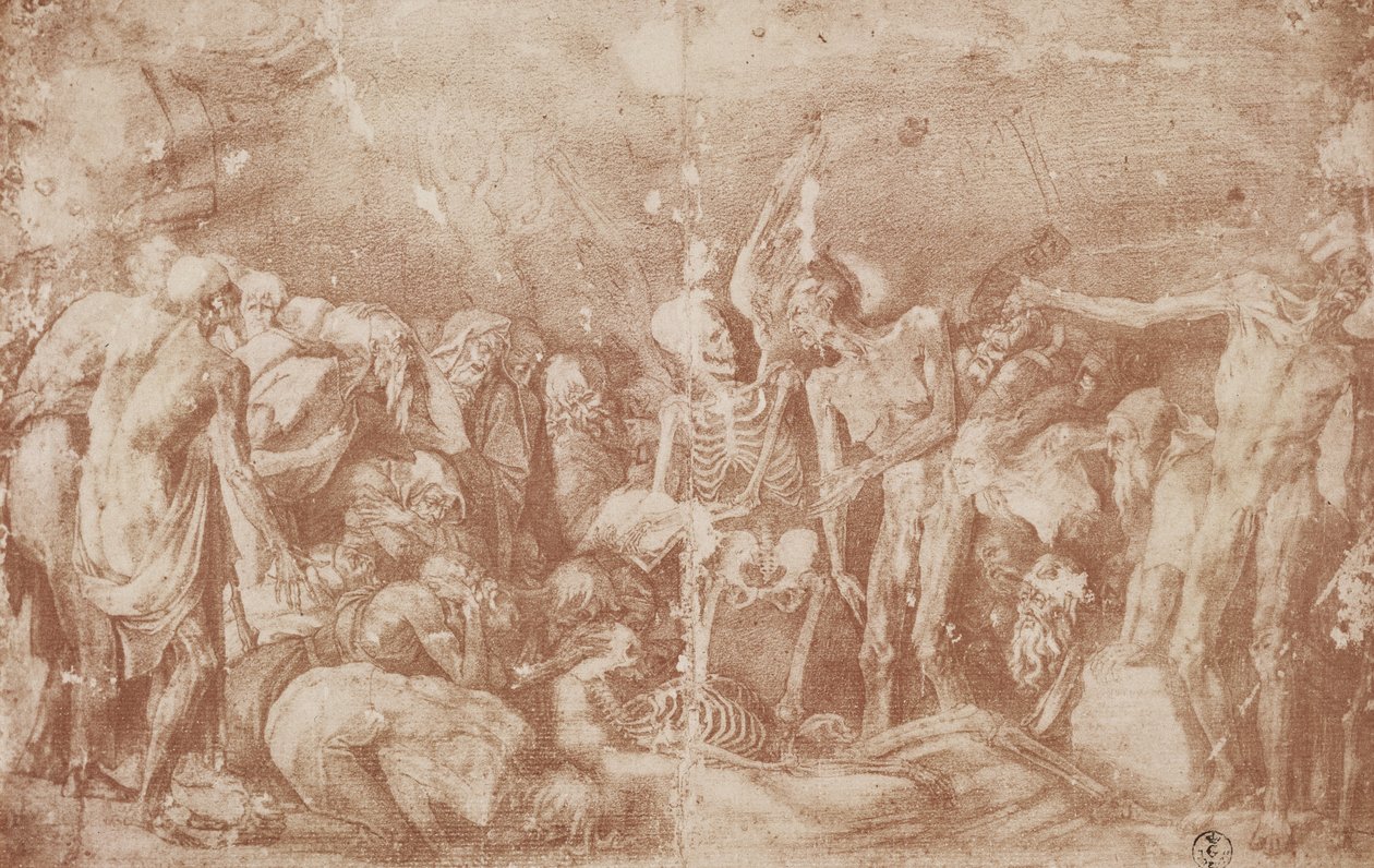 Zebrane Studium Żywych i Umarłych (sangwina na papierze) autorstwa Giovanni Battista Rosso Fiorentino