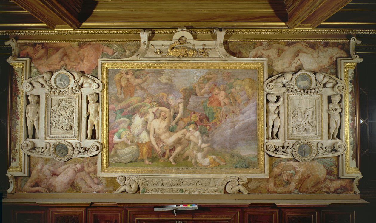 Śmierć Adonisa, detal dekoracji w Galerii Franciszka I, 1530-40 fresk i stiuk autorstwa Giovanni Battista Rosso Fiorentino