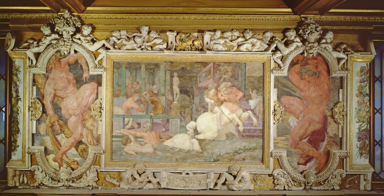 Edukacja Achillesa, szczegół schematu zdobniczego w Galerii Franciszka I, 1530-40 fresk i stiuk patrz także 210355 autorstwa Giovanni Battista Rosso Fiorentino