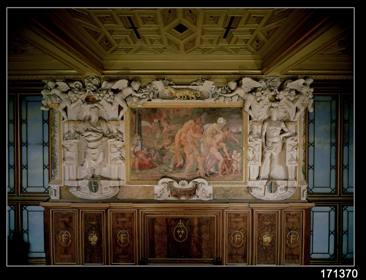 Splądrowanie Troi lub Katanii, szczegół schematu dekoracyjnego w Galerii Franciszka I (1494-1547) 1535-40 (fresk i sztukaterie) autorstwa Giovanni Battista Rosso Fiorentino
