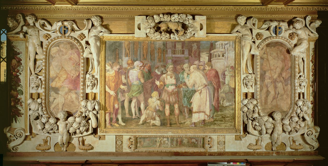 Zjednoczenie Państwa, detal schematu zdobniczego w Galerii Franciszka I, 1530-40 fresk i sztukaterie autorstwa Giovanni Battista Rosso Fiorentino