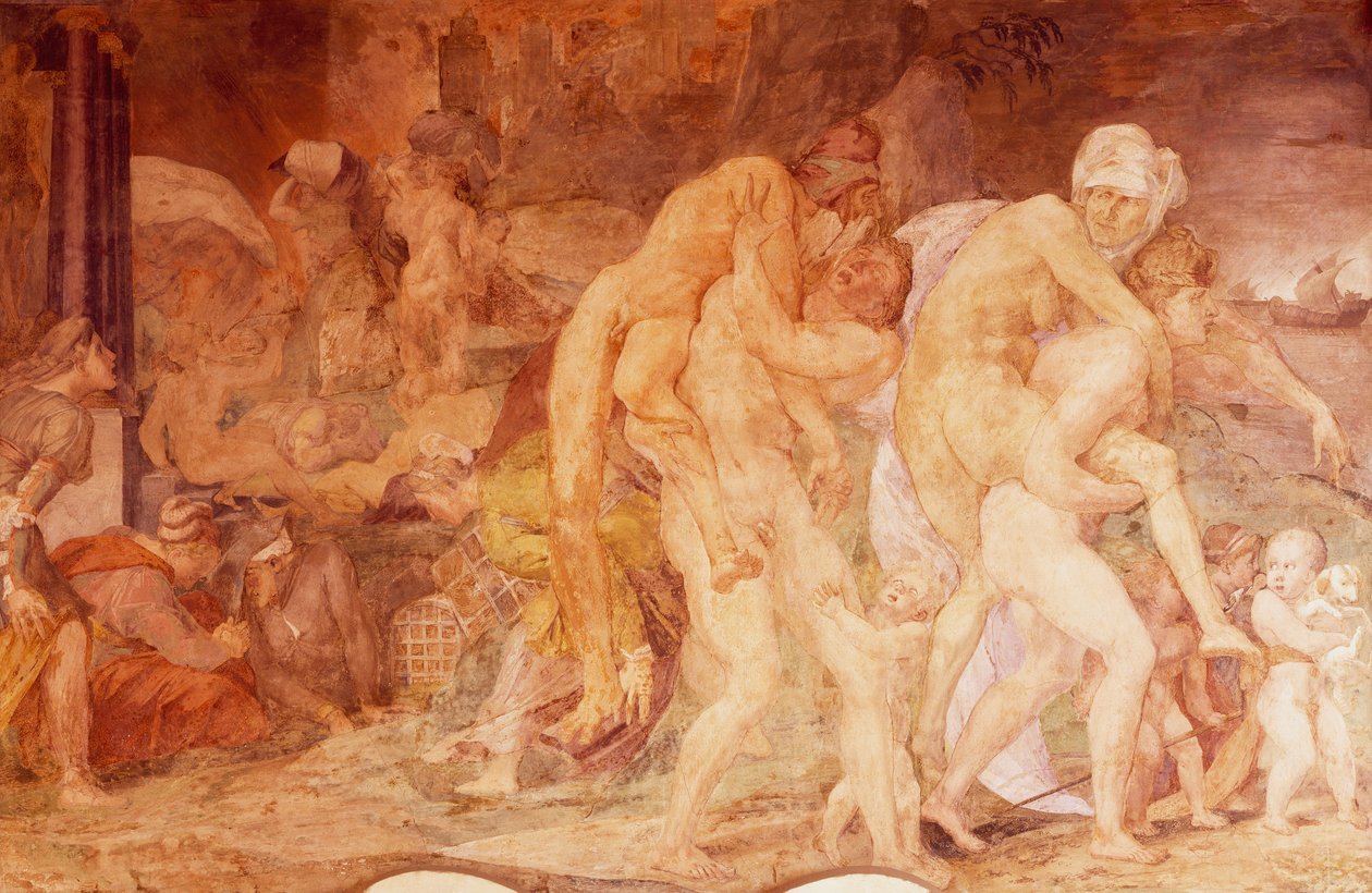 Bliźniacy Catania, Anfinomo i Anapio, fresk w galerii Franciszka I w Chateau de Fontainebleau we Francji (wpisany na Listę Światowego Dziedzictwa UNESCO autorstwa Giovanni Battista Rosso Fiorentino