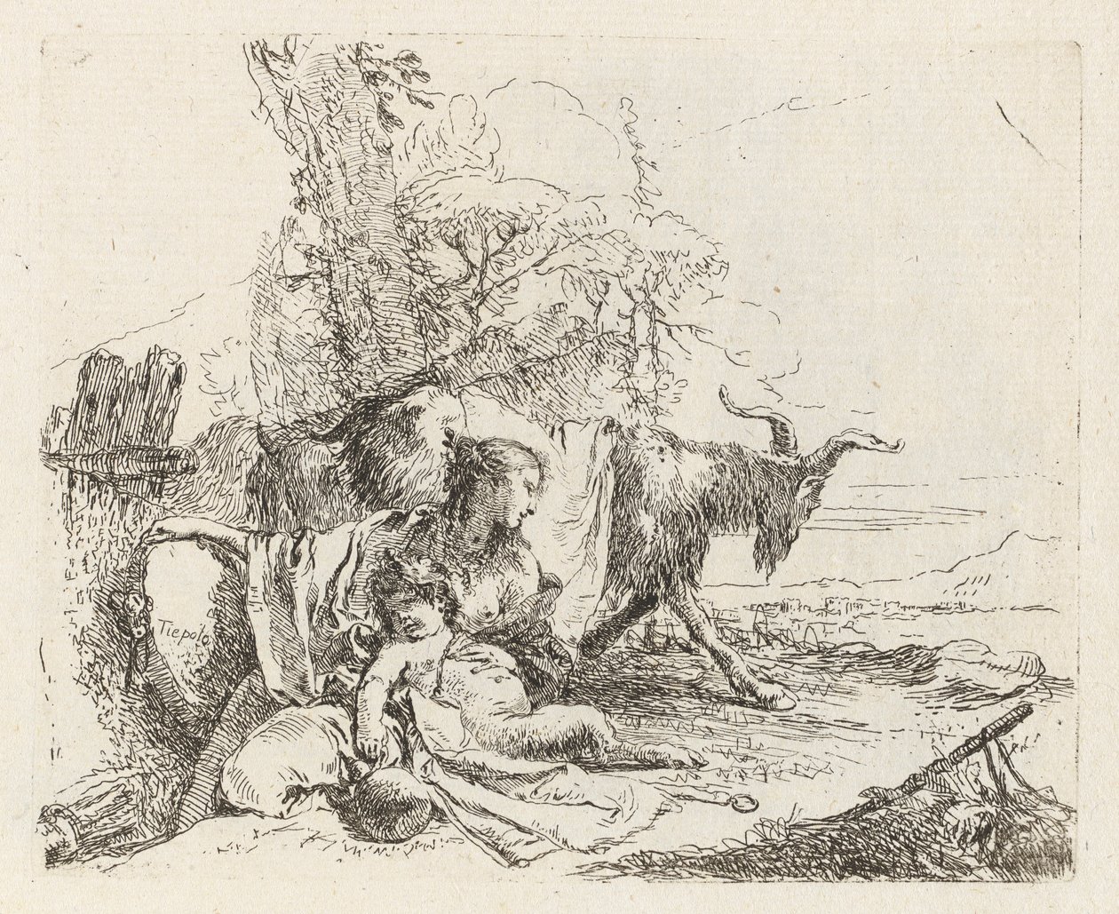 Nimfa z małym satyrem i dwiema kozami, z Vari capricci (Różne Capriccios) autorstwa Giovanni Battista Tiepolo