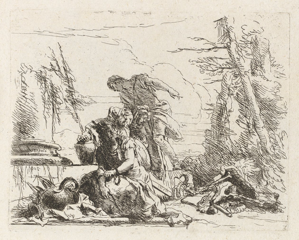 Kobieta z ramionami w łańcuchach i cztery inne postacie z Vari capricci (Various Capriccios) autorstwa Giovanni Battista Tiepolo