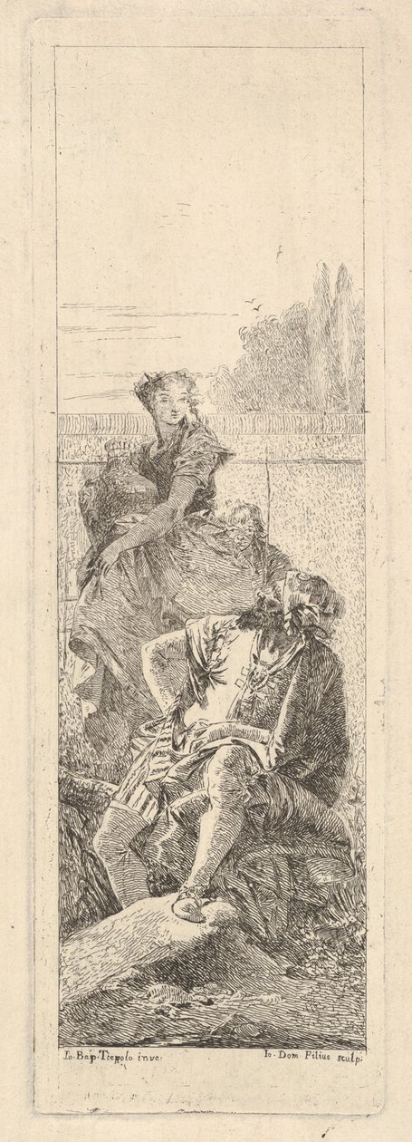 Siedzący brodaty mężczyzna spogląda przez prawe ramię na dziecko i kobietę bearin..., ca. 1750-55. autorstwa Giovanni Battista Tiepolo