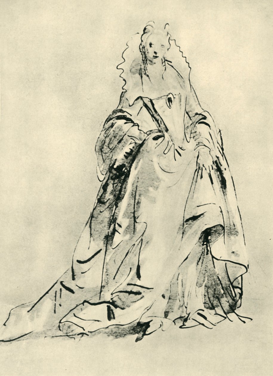 Dama ubrana w suknię z wysokim kołnierzem i szpiczastym gorsetem, początek XVIII w., 1943 r. autorstwa Giovanni-Battista Tiepolo