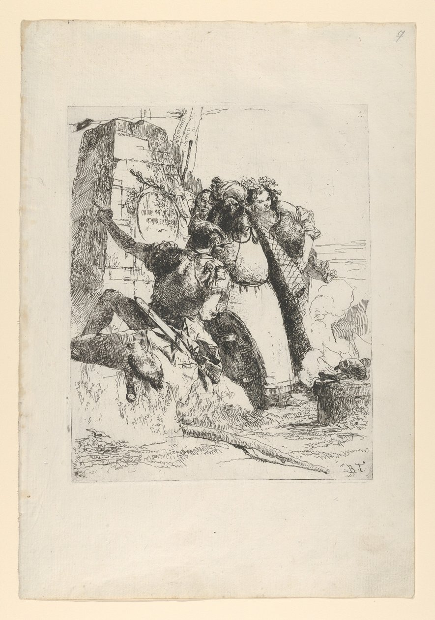 Czarodziej, żołnierz i trzy postacie obserwujące płonącą czaszkę ze Scherzi d..., ca. 1743-50. autorstwa Giovanni Battista Tiepolo