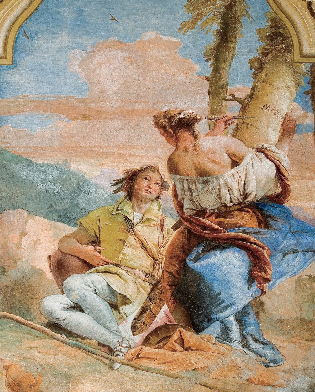 Angelica rzeźbi imię Medoros na drzewie, z pokoju Orlando Furioso w Palazzina, 1757 autorstwa Giovanni Battista Tiepolo