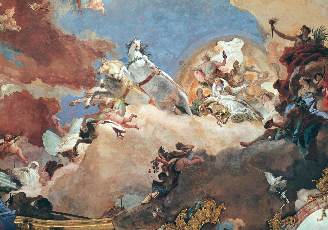 Apollo w swoim słonecznym rydwanie prowadzi Beatrice I (1145-84) do Fryderyka I Barbarossy (1122-90) detal z sufitu Pokoju Cesarskiego (fresk) autorstwa Giovanni Battista Tiepolo