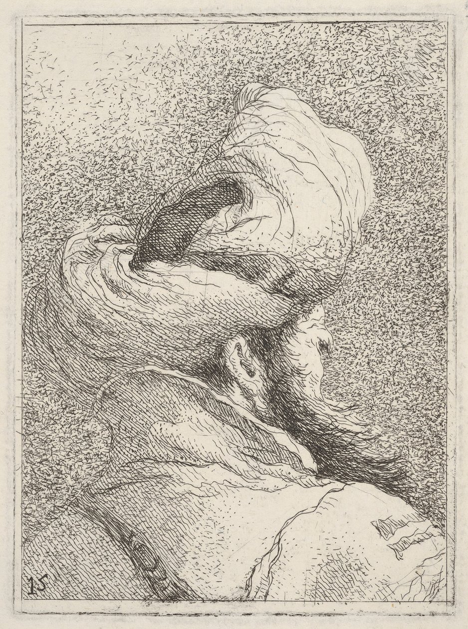Brodaty mężczyzna w turbanie, przedstawiony w długości biustu od tyłu w trzech czwartych w..., ca. 1770. autorstwa Giovanni Battista Tiepolo