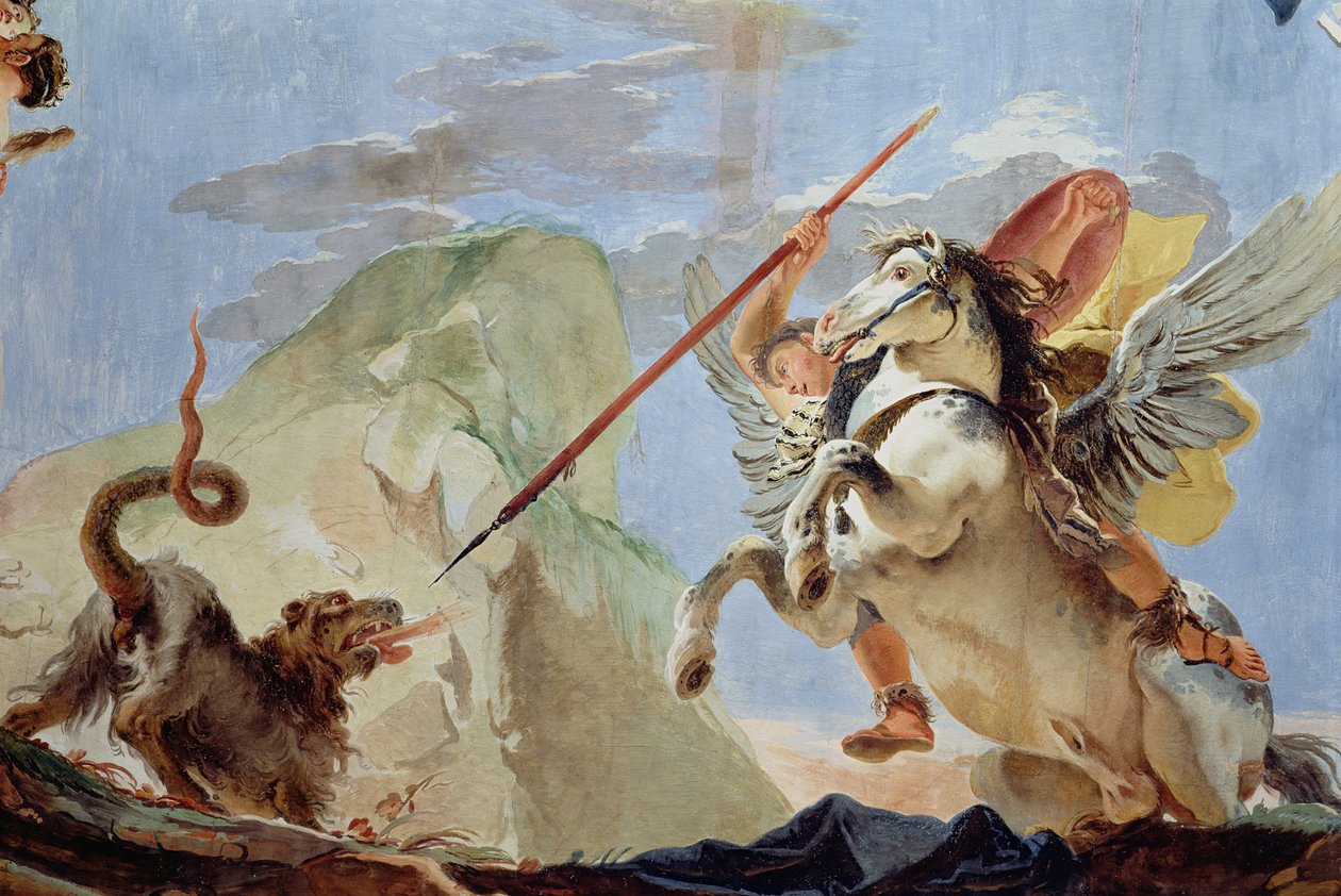 Bellerophon, dosiadający Pegaza, zabijający Chimerę, fragment fresku na suficie patrz także 64554 autorstwa Giovanni Battista Tiepolo