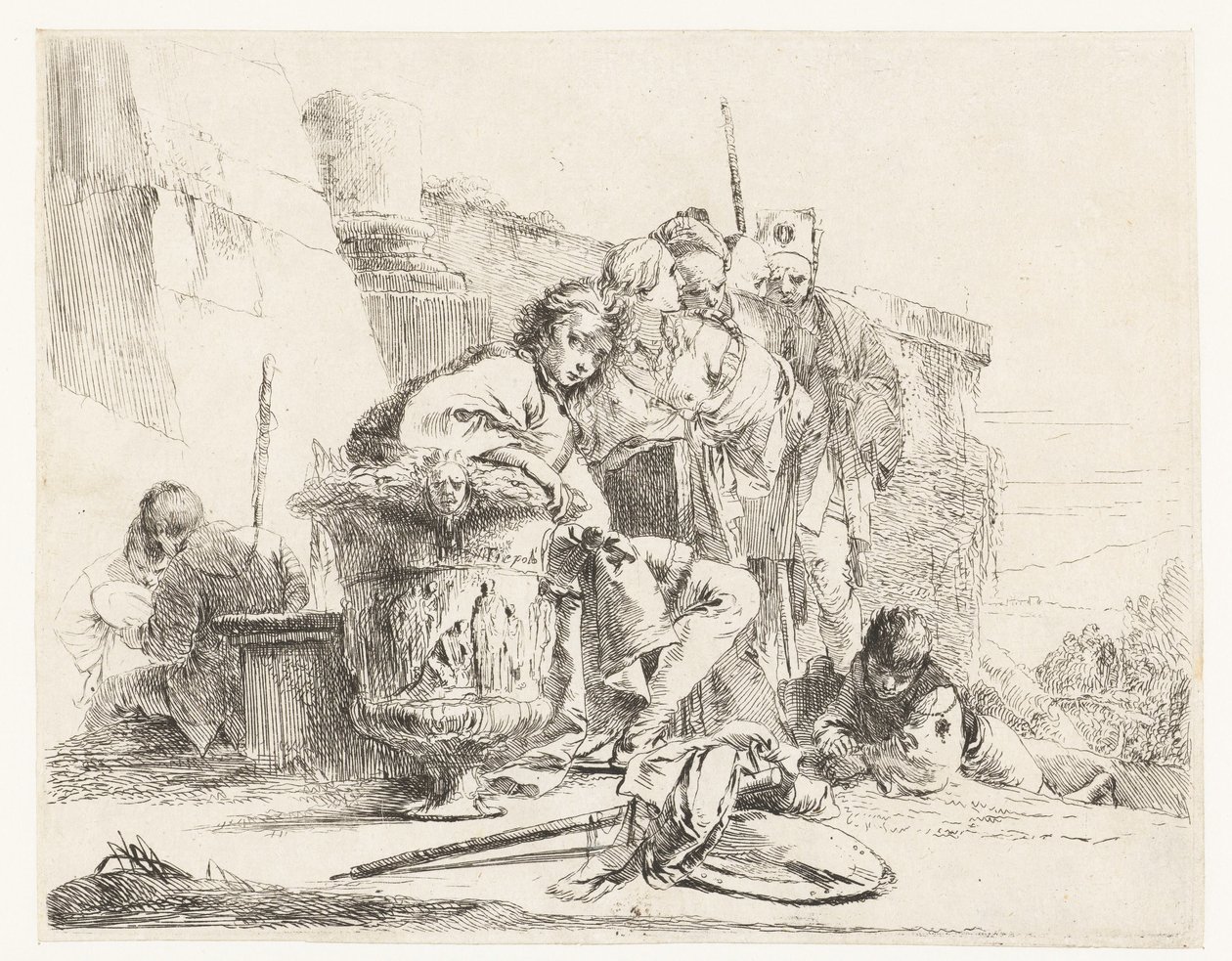 Chłopiec siedzący obok wazonu z innymi ludźmi autorstwa Giovanni Battista Tiepolo