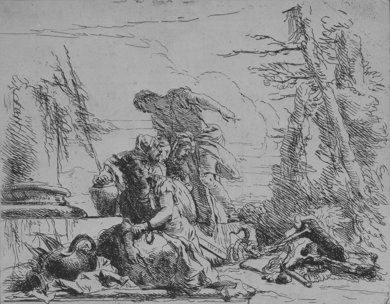 Kobieta w łańcuchu i inne figury dotyczące stosu kości, z Capricci, 1743. autorstwa Giovanni Battista Tiepolo