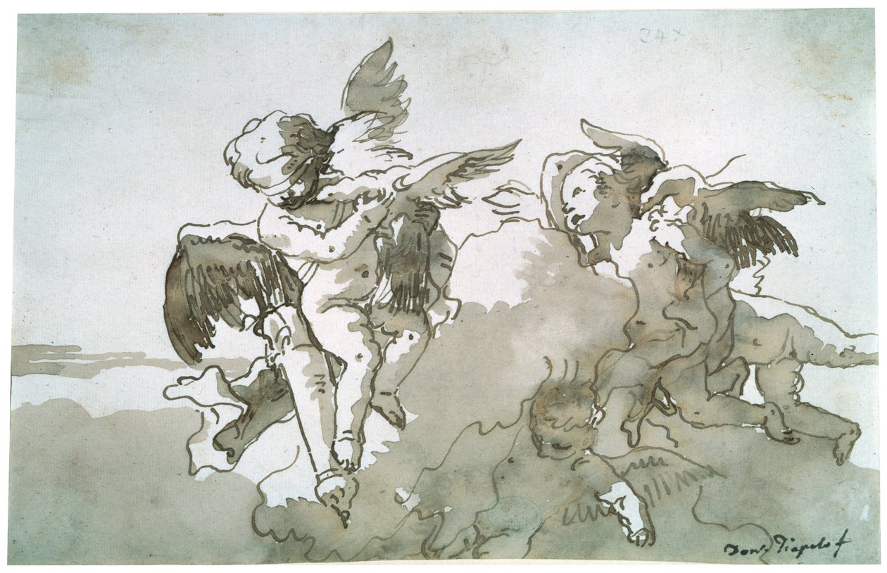 Amorki z gołębiami i pochodnią, XVII w. autorstwa Giovanni Battista Tiepolo