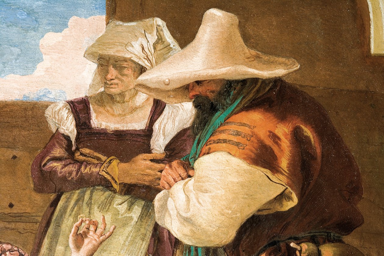 Fragment obrazu Angelica i Medoro biorący urlop od chłopów, z pokoju Orlando Furioso w Palazzina, 1757 autorstwa Giovanni Battista Tiepolo