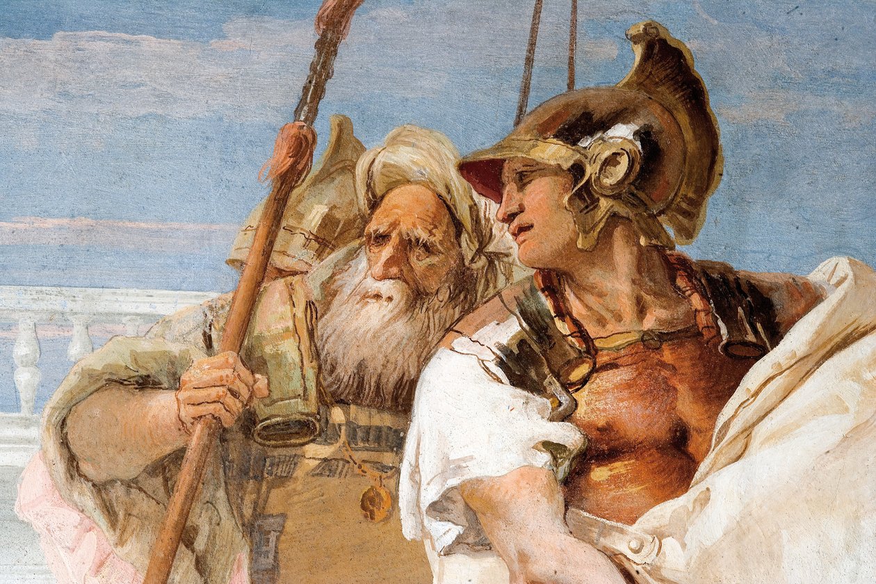Fragment Eneasza z Eneidy przedstawiającego Kupidyna w przebraniu Askaniusza Dydonie, z sali Eneidy w Palazzina, 1757 r. autorstwa Giovanni Battista Tiepolo