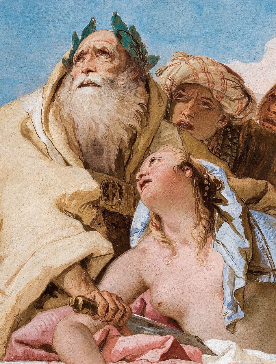 Detal Kalchasa i Ifigenii z Ofiarowania Ifigenii, z Sali wejściowej w Palazzinie, 1757 r. autorstwa Giovanni Battista Tiepolo